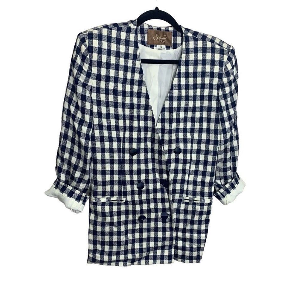 Saville Vintage double breast blazer jacket navy white gingham size 8 (J1)